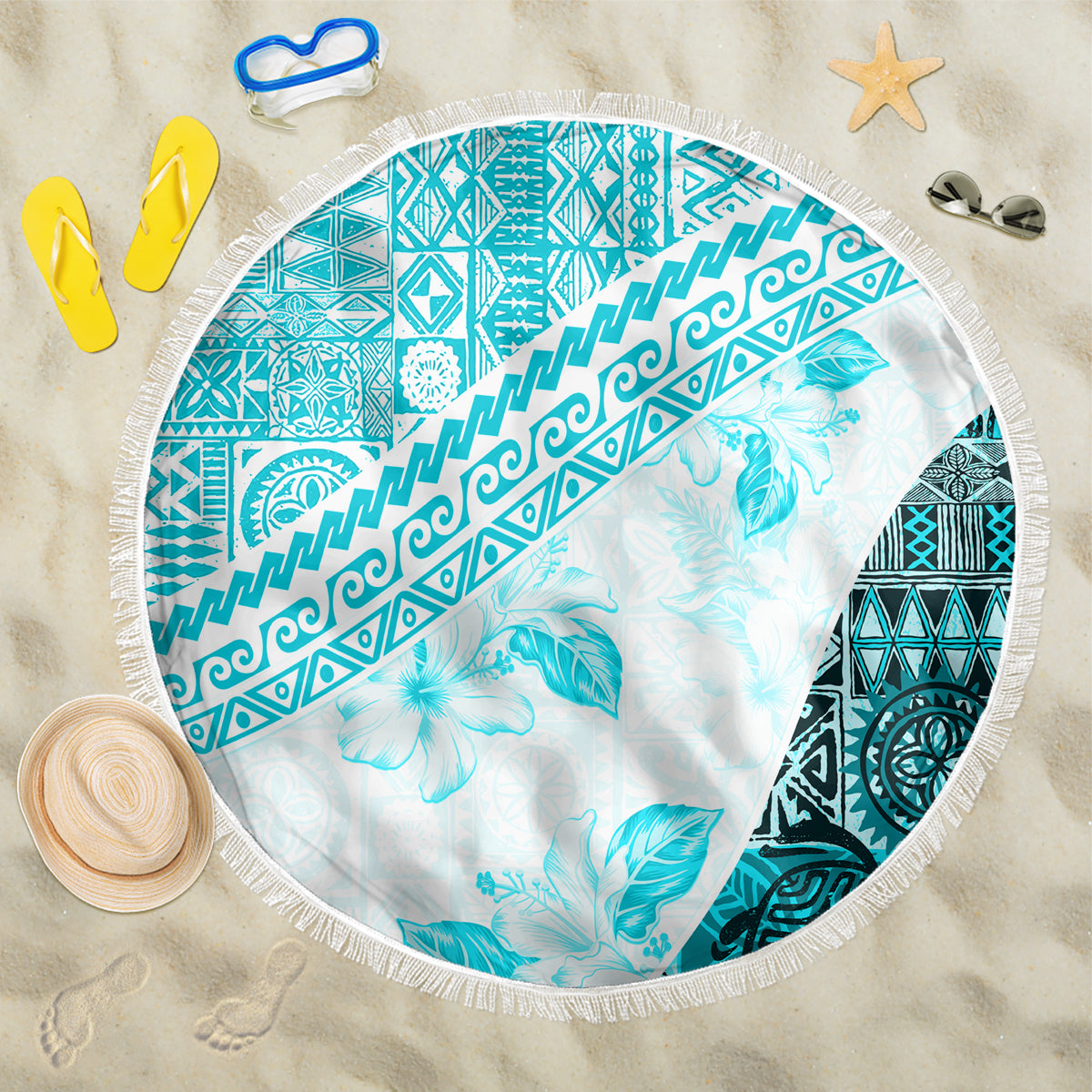 Hawaiian Tapa Beach Blanket Traditional Vintage Pattern Aqua LT05 One Size 150cm Aqua - Polynesian Pride