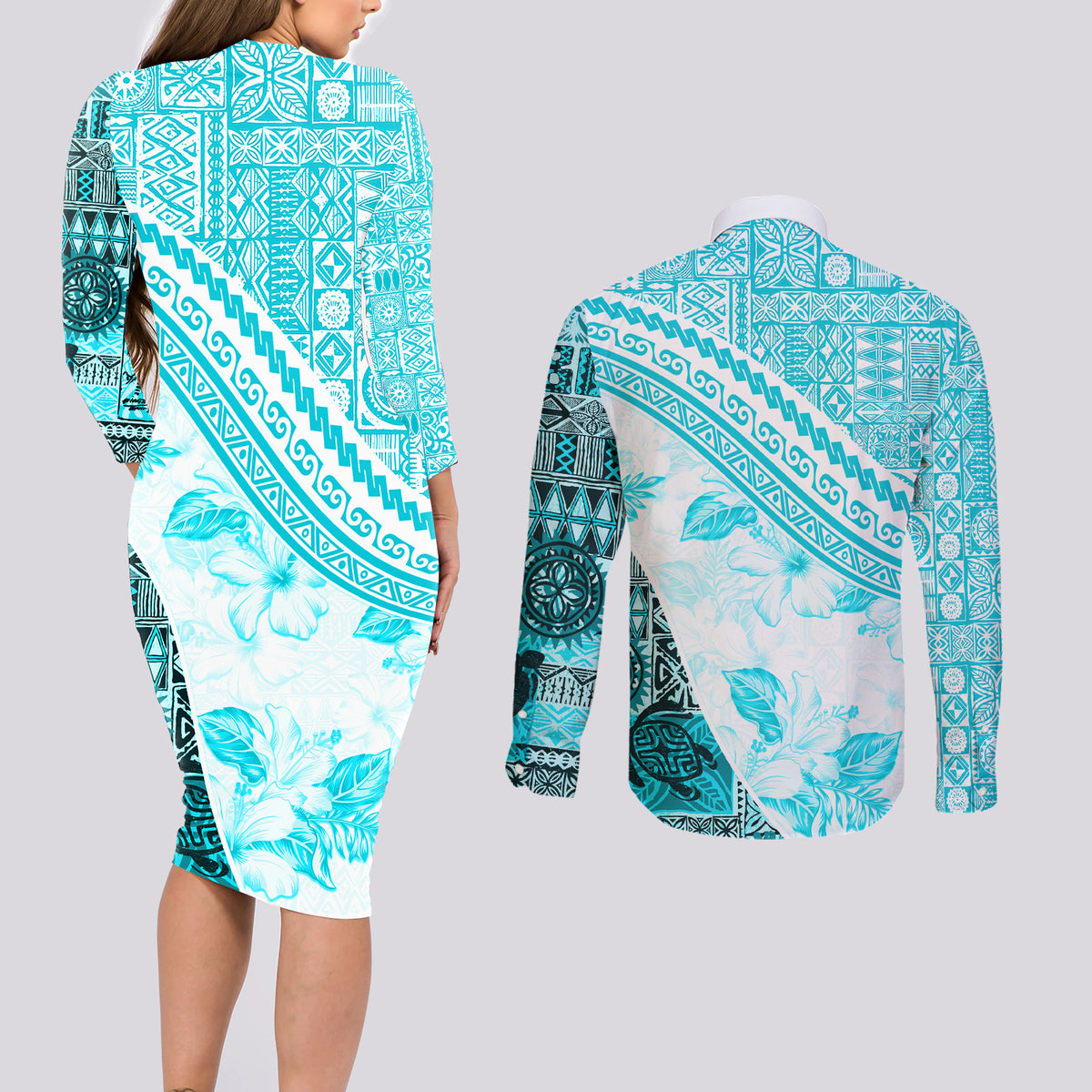 Hawaiian Tapa Couples Matching Long Sleeve Bodycon Dress and Long Sleeve Button Shirt Traditional Vintage Pattern Aqua LT05 - Polynesian Pride