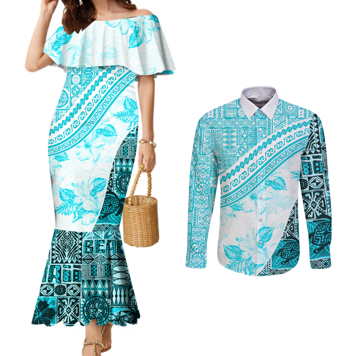 Hawaiian Tapa Couples Matching Mermaid Dress and Long Sleeve Button Shirt Traditional Vintage Pattern Aqua LT05 Aqua - Polynesian Pride