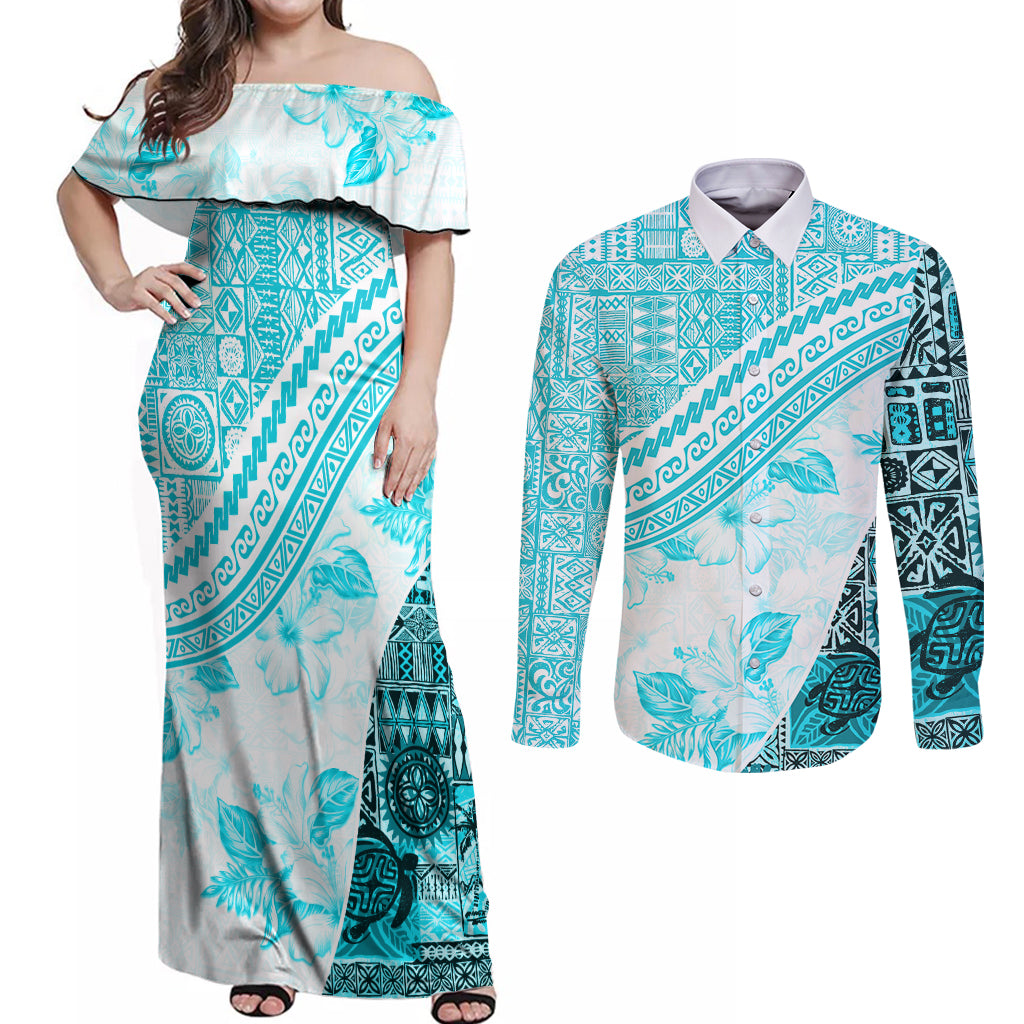 Hawaiian Tapa Couples Matching Off Shoulder Maxi Dress and Long Sleeve Button Shirt Traditional Vintage Pattern Aqua LT05 Aqua - Polynesian Pride