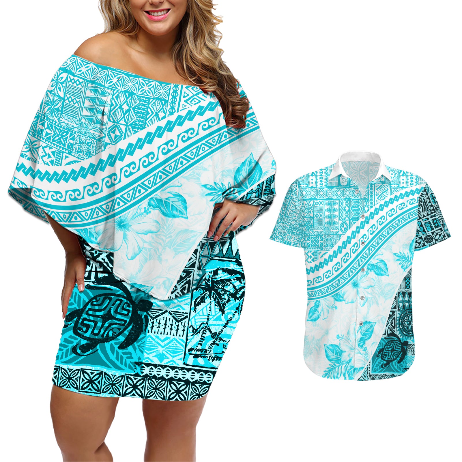 Hawaiian Tapa Couples Matching Off Shoulder Short Dress and Hawaiian Shirt Traditional Vintage Pattern Aqua LT05 Aqua - Polynesian Pride