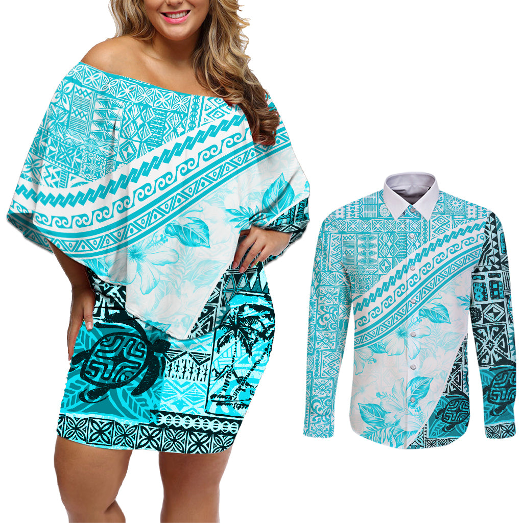 Hawaiian Tapa Couples Matching Off Shoulder Short Dress and Long Sleeve Button Shirt Traditional Vintage Pattern Aqua LT05 Aqua - Polynesian Pride