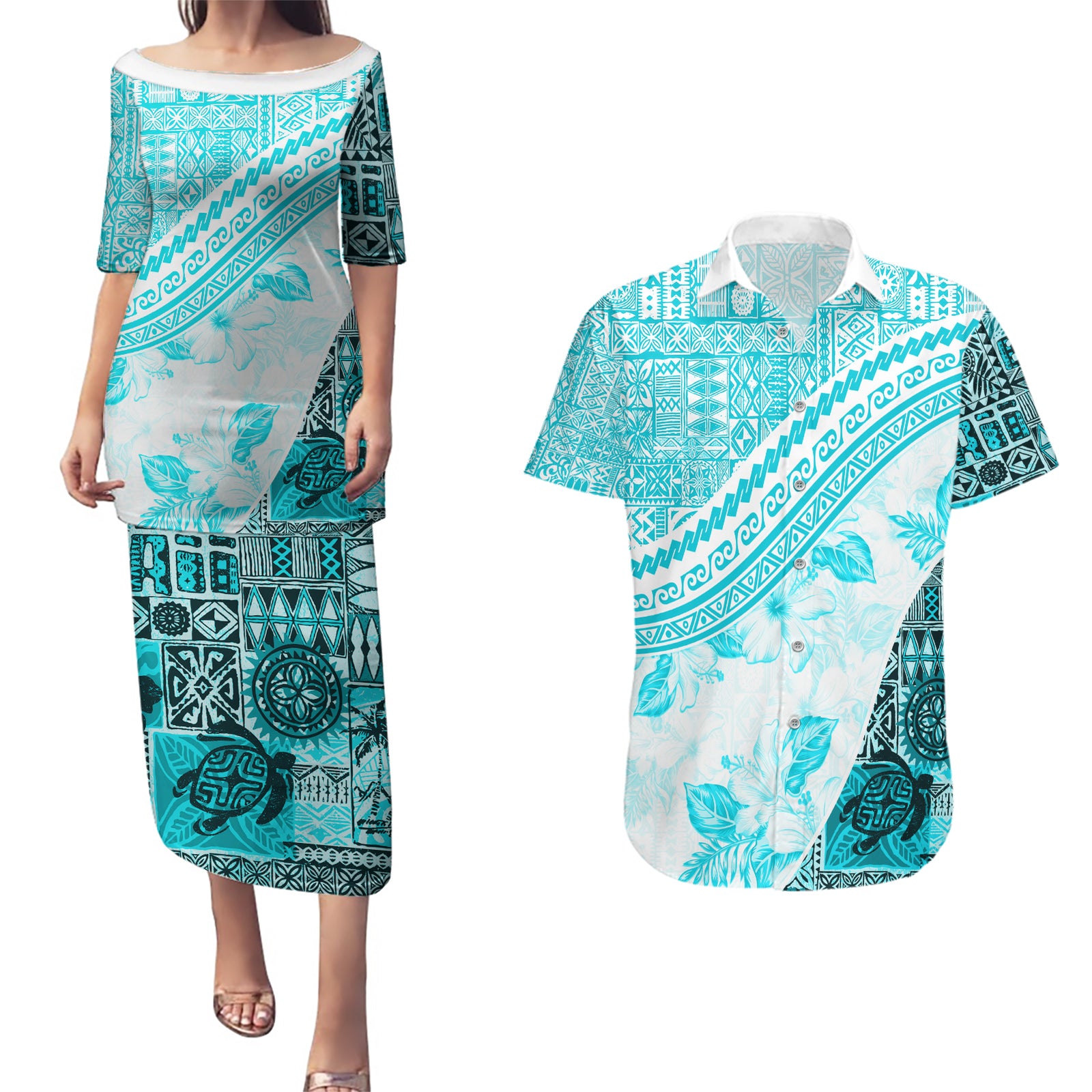 Hawaiian Tapa Couples Matching Puletasi Dress and Hawaiian Shirt Traditional Vintage Pattern Aqua LT05 Aqua - Polynesian Pride