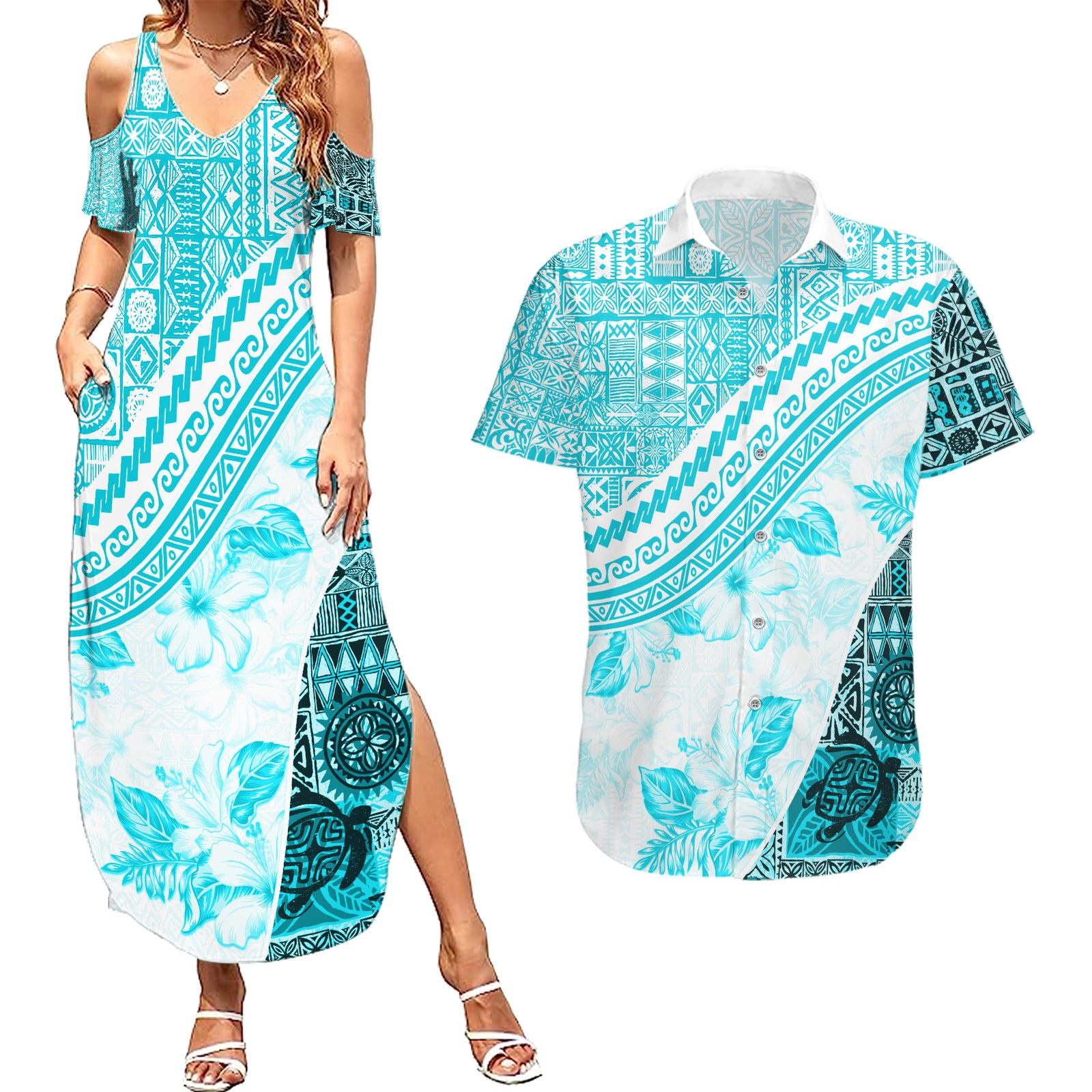 Hawaiian Tapa Couples Matching Summer Maxi Dress and Hawaiian Shirt Traditional Vintage Pattern Aqua LT05 Aqua - Polynesian Pride