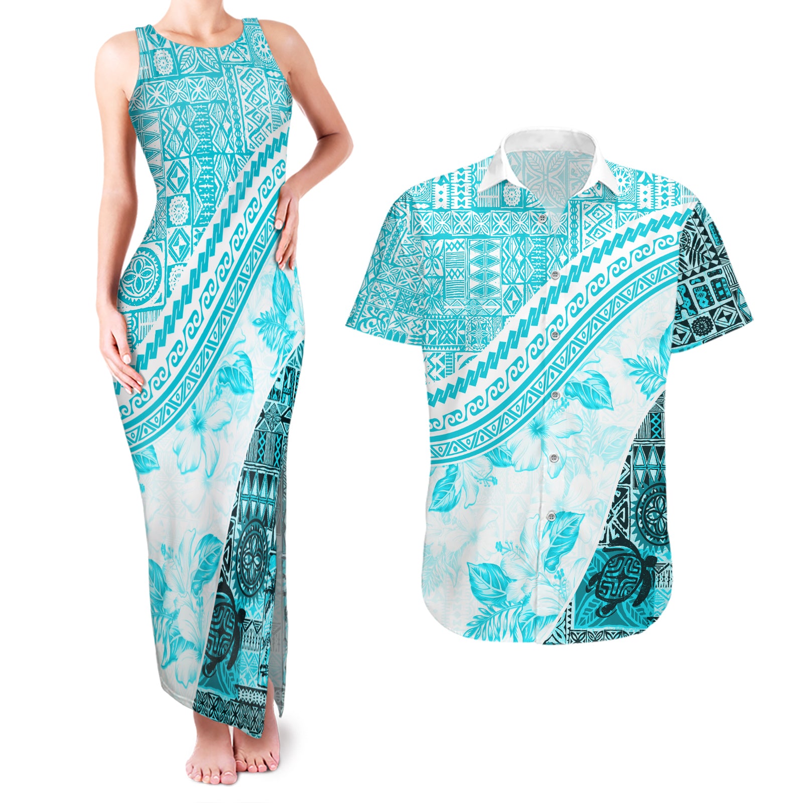 Hawaiian Tapa Couples Matching Tank Maxi Dress and Hawaiian Shirt Traditional Vintage Pattern Aqua LT05 Aqua - Polynesian Pride