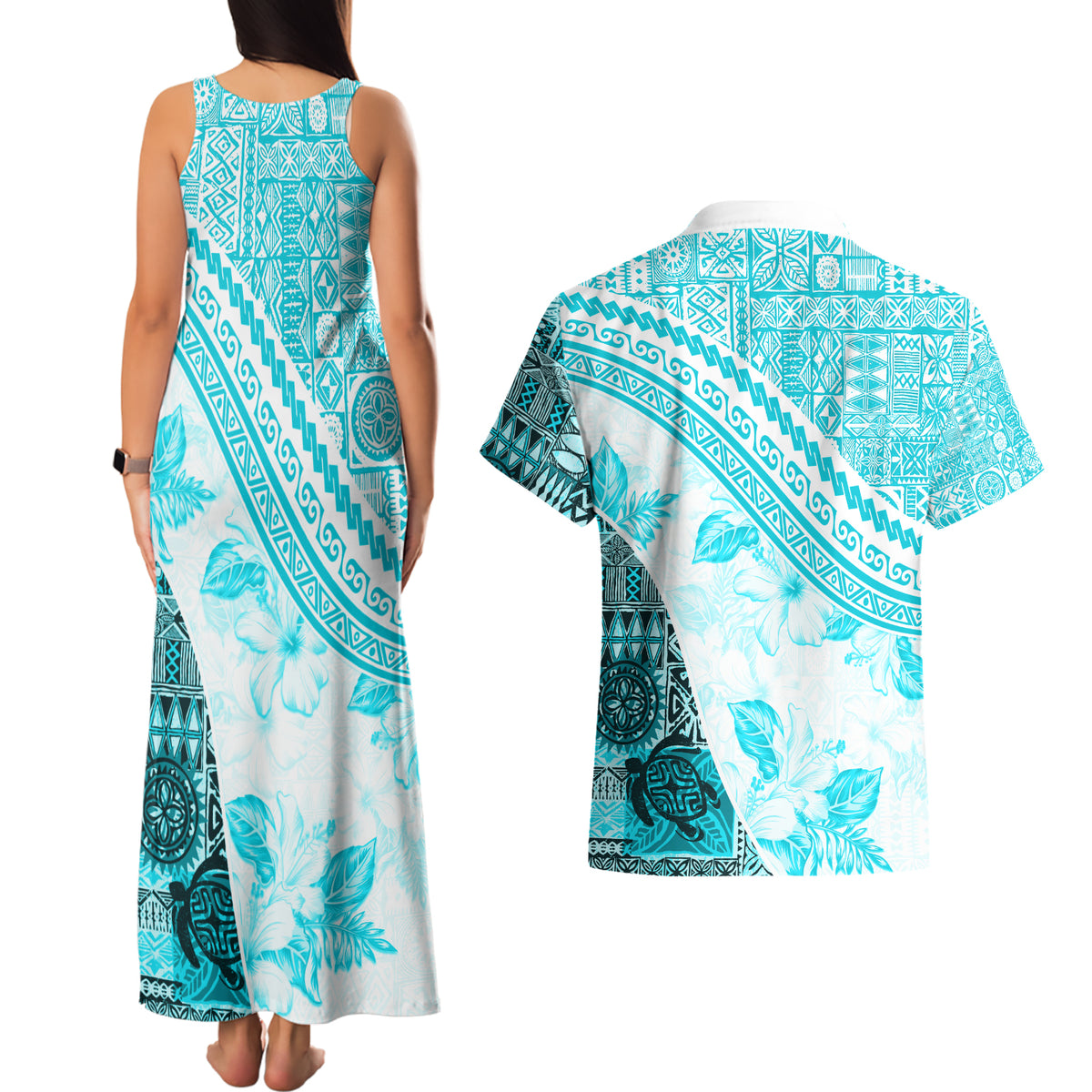 Hawaiian Tapa Couples Matching Tank Maxi Dress and Hawaiian Shirt Traditional Vintage Pattern Aqua LT05 - Polynesian Pride