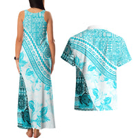 Hawaiian Tapa Couples Matching Tank Maxi Dress and Hawaiian Shirt Traditional Vintage Pattern Aqua LT05 - Polynesian Pride