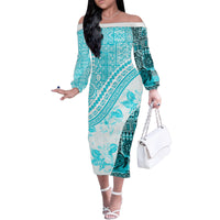 Hawaiian Tapa Family Matching Off Shoulder Long Sleeve Dress and Hawaiian Shirt Traditional Vintage Pattern Aqua LT05 Mom's Dress Aqua - Polynesian Pride