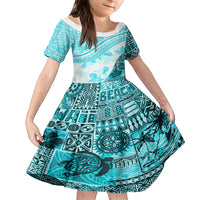 Hawaiian Tapa Family Matching Short Sleeve Bodycon Dress and Hawaiian Shirt Traditional Vintage Pattern Aqua LT05 Daughter's Dress Aqua - Polynesian Pride