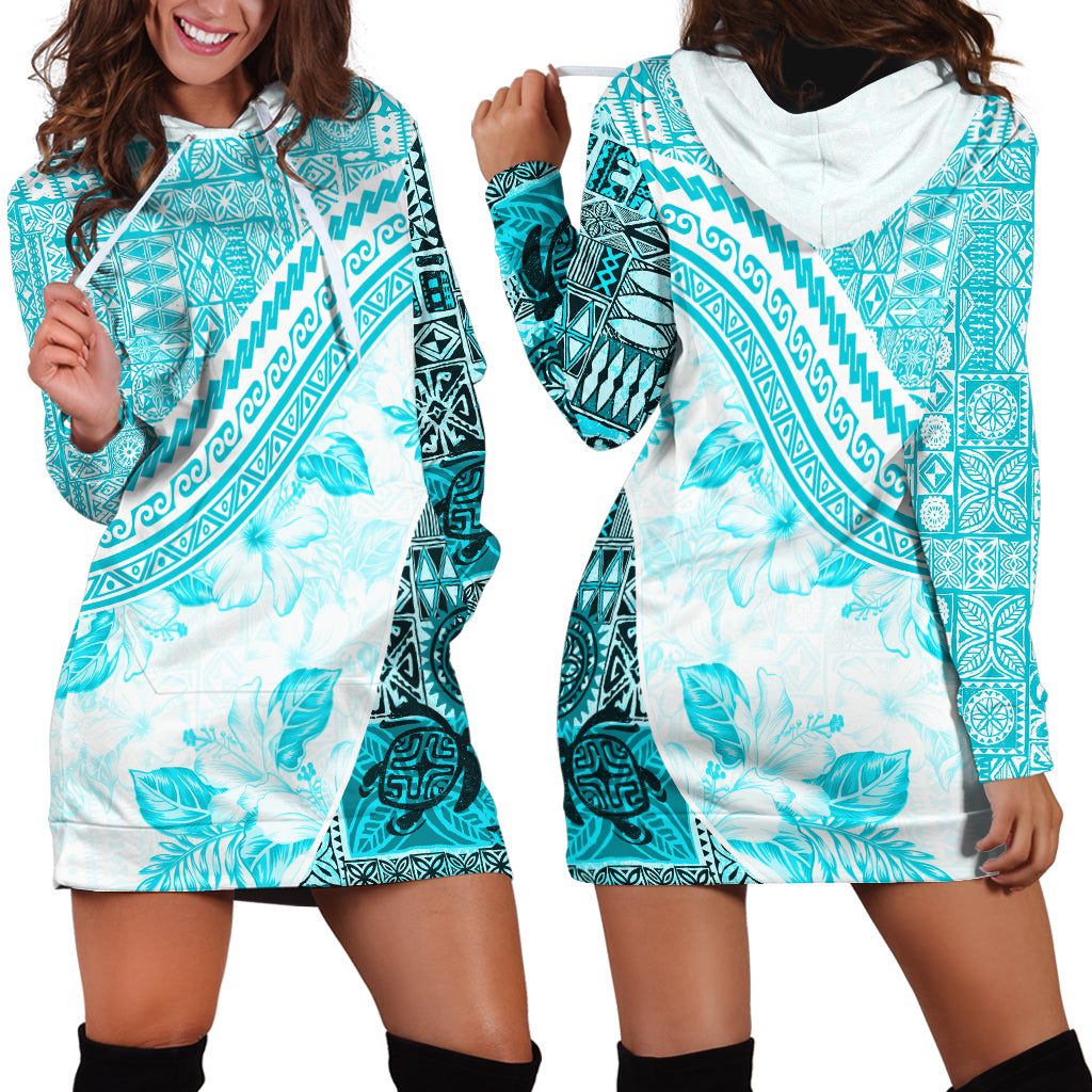 Hawaiian Tapa Hoodie Dress Traditional Vintage Pattern Aqua LT05 - Polynesian Pride