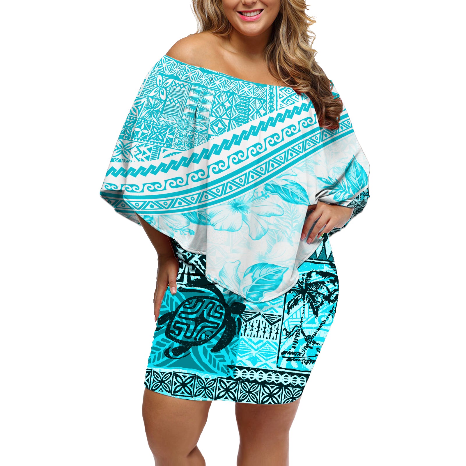 Hawaiian Tapa Off Shoulder Short Dress Traditional Vintage Pattern Aqua LT05 Women Aqua - Polynesian Pride