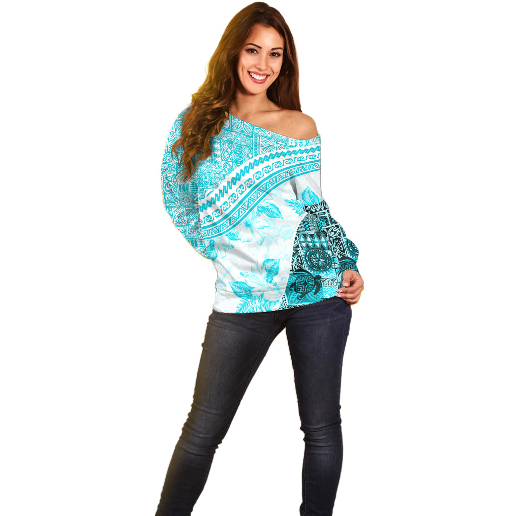 Hawaiian Tapa Off Shoulder Sweater Traditional Vintage Pattern Aqua LT05 - Polynesian Pride