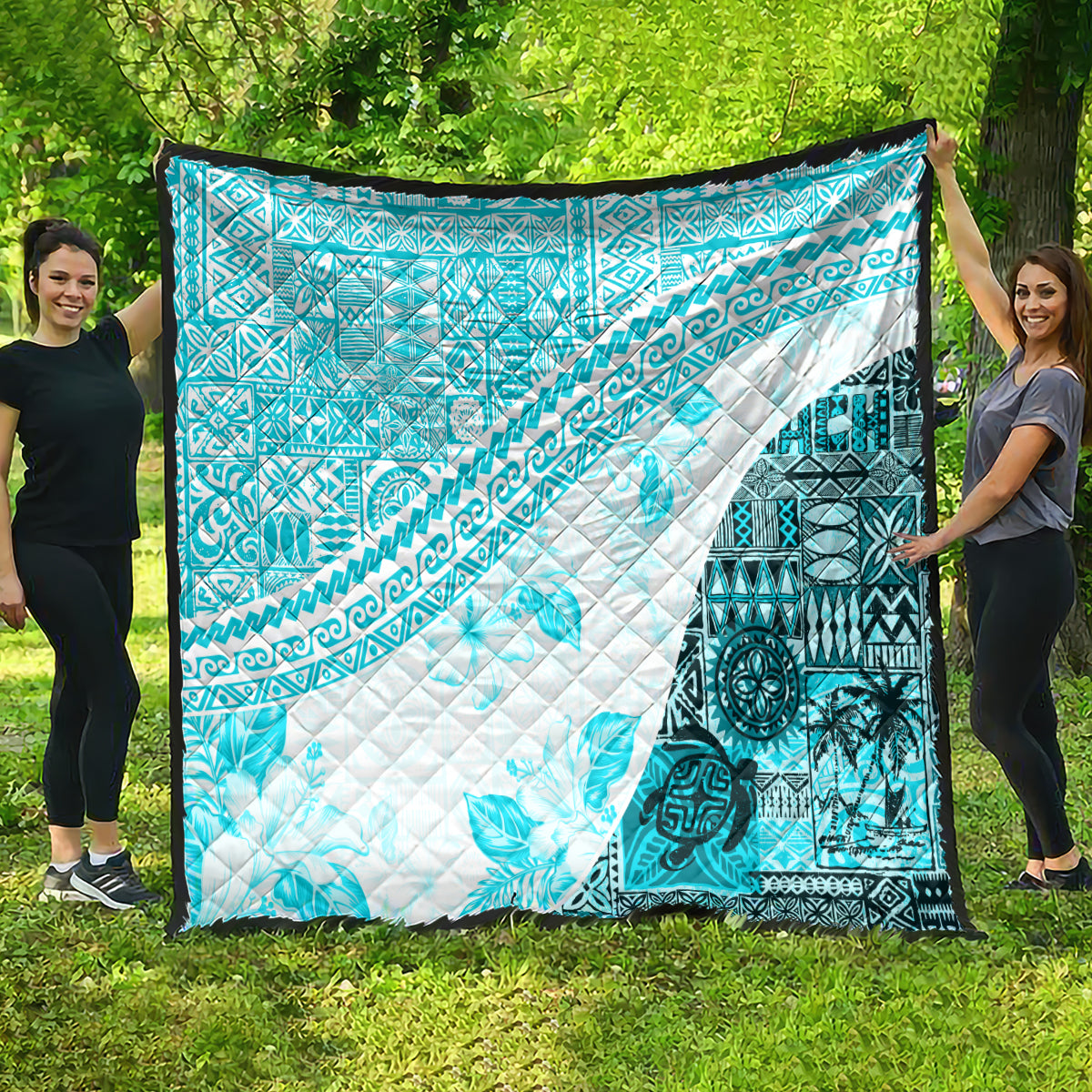 Hawaiian Tapa Quilt Traditional Vintage Pattern Aqua LT05 - Polynesian Pride