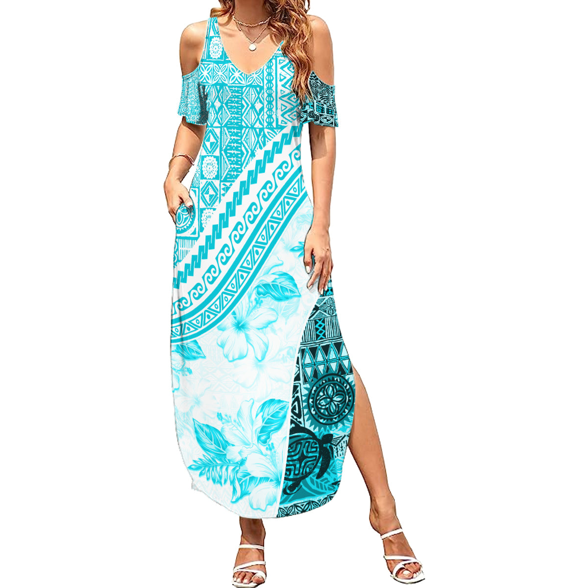 Hawaiian Tapa Summer Maxi Dress Traditional Vintage Pattern Aqua LT05 Women Aqua - Polynesian Pride