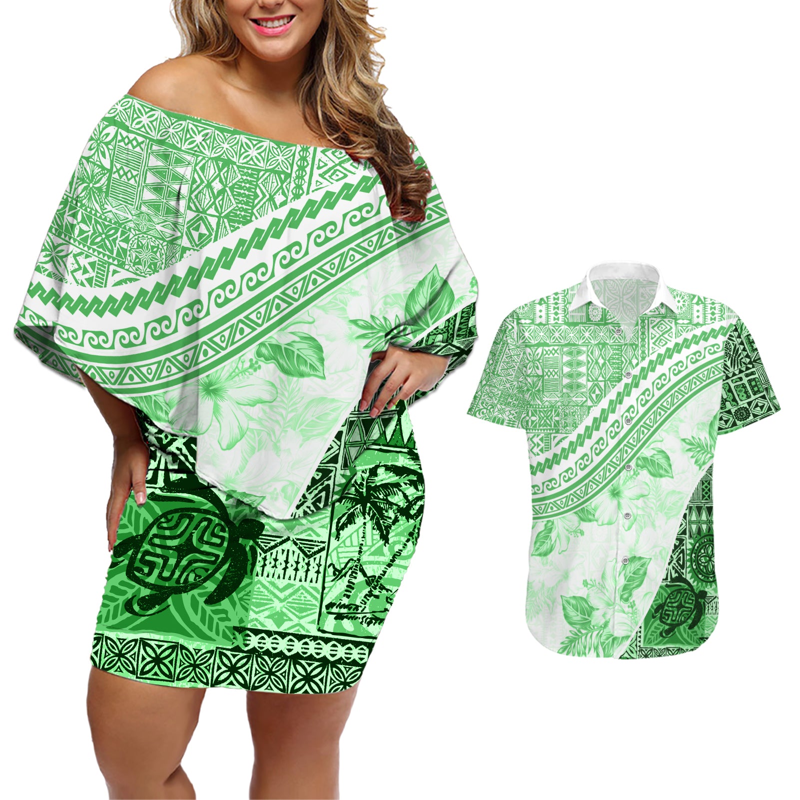 Hawaiian Tapa Couples Matching Off Shoulder Short Dress and Hawaiian Shirt Traditional Vintage Pattern Green LT05 Green - Polynesian Pride
