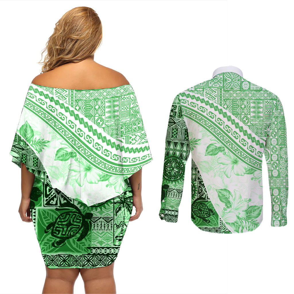 Hawaiian Tapa Couples Matching Off Shoulder Short Dress and Long Sleeve Button Shirt Traditional Vintage Pattern Green LT05 - Polynesian Pride