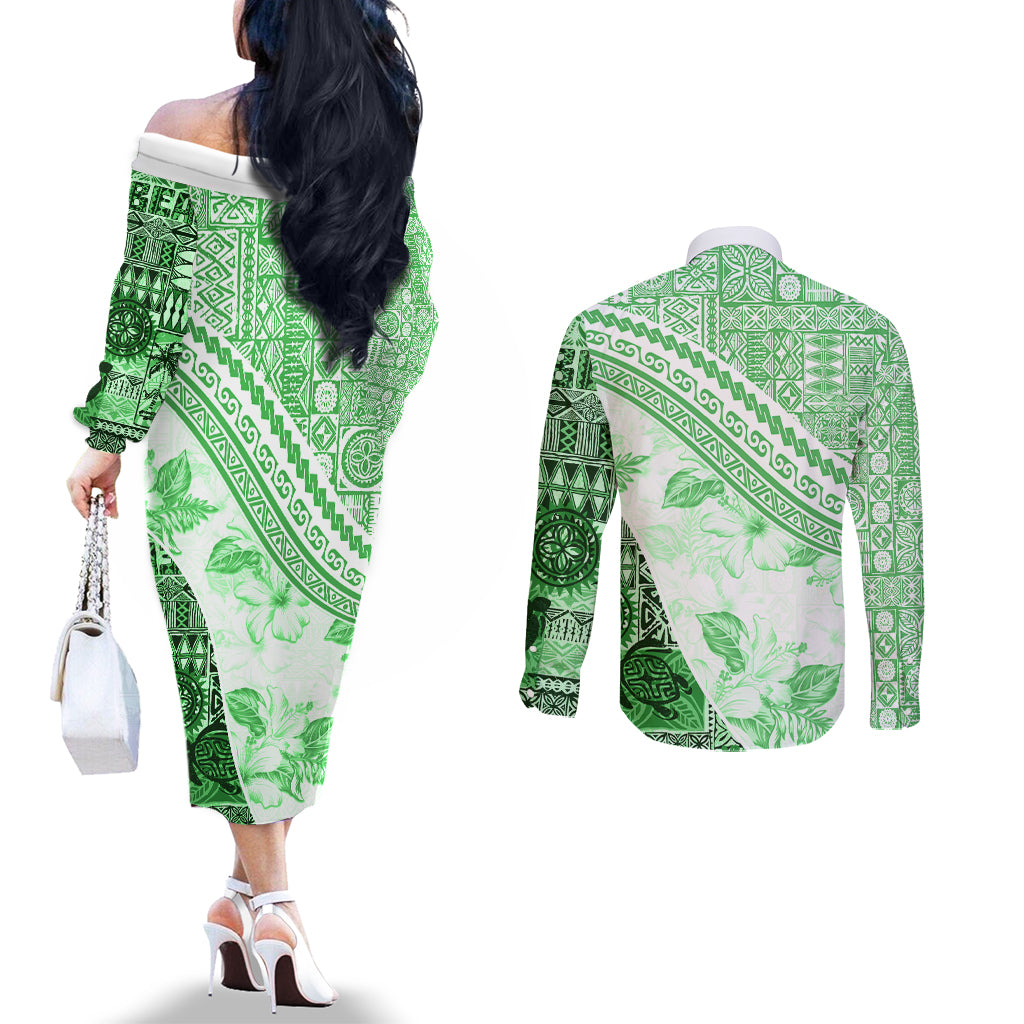 Hawaiian Tapa Couples Matching Off The Shoulder Long Sleeve Dress and Long Sleeve Button Shirt Traditional Vintage Pattern Green LT05 - Polynesian Pride
