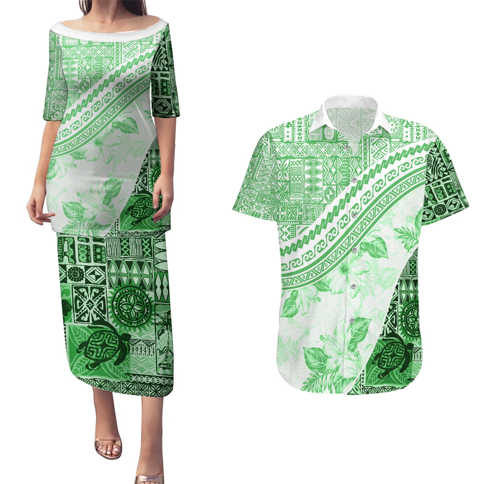 Hawaiian Tapa Couples Matching Puletasi Dress and Hawaiian Shirt Traditional Vintage Pattern Green LT05 Green - Polynesian Pride