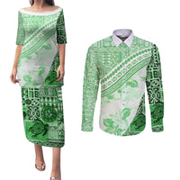 Hawaiian Tapa Couples Matching Puletasi Dress and Long Sleeve Button Shirt Traditional Vintage Pattern Green LT05 Green - Polynesian Pride