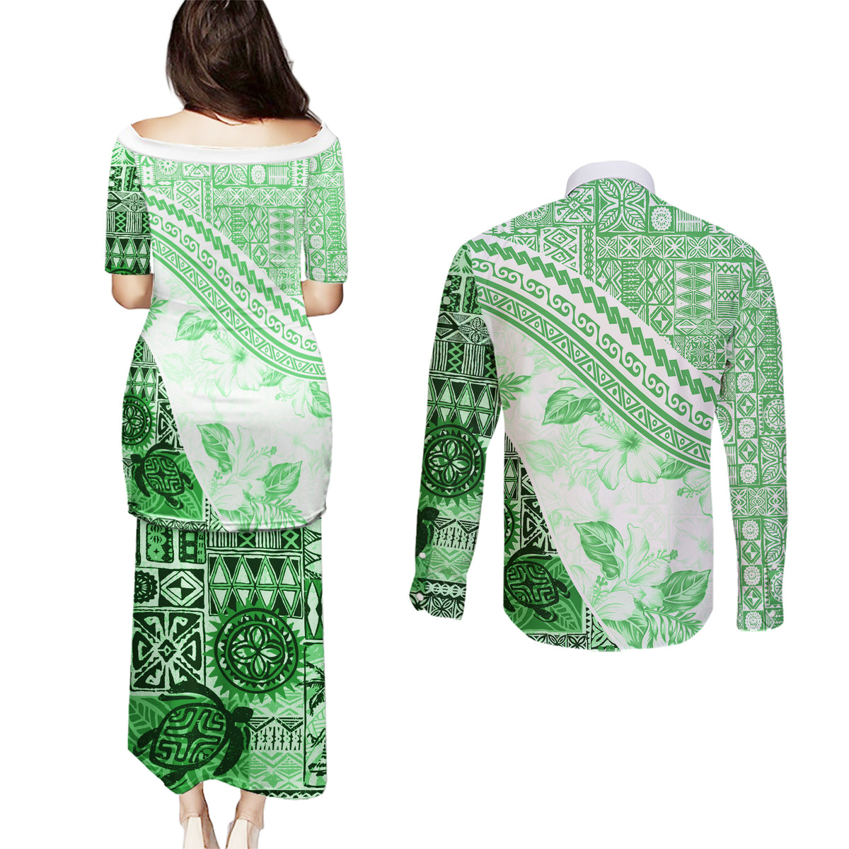 Hawaiian Tapa Couples Matching Puletasi Dress and Long Sleeve Button Shirt Traditional Vintage Pattern Green LT05 - Polynesian Pride