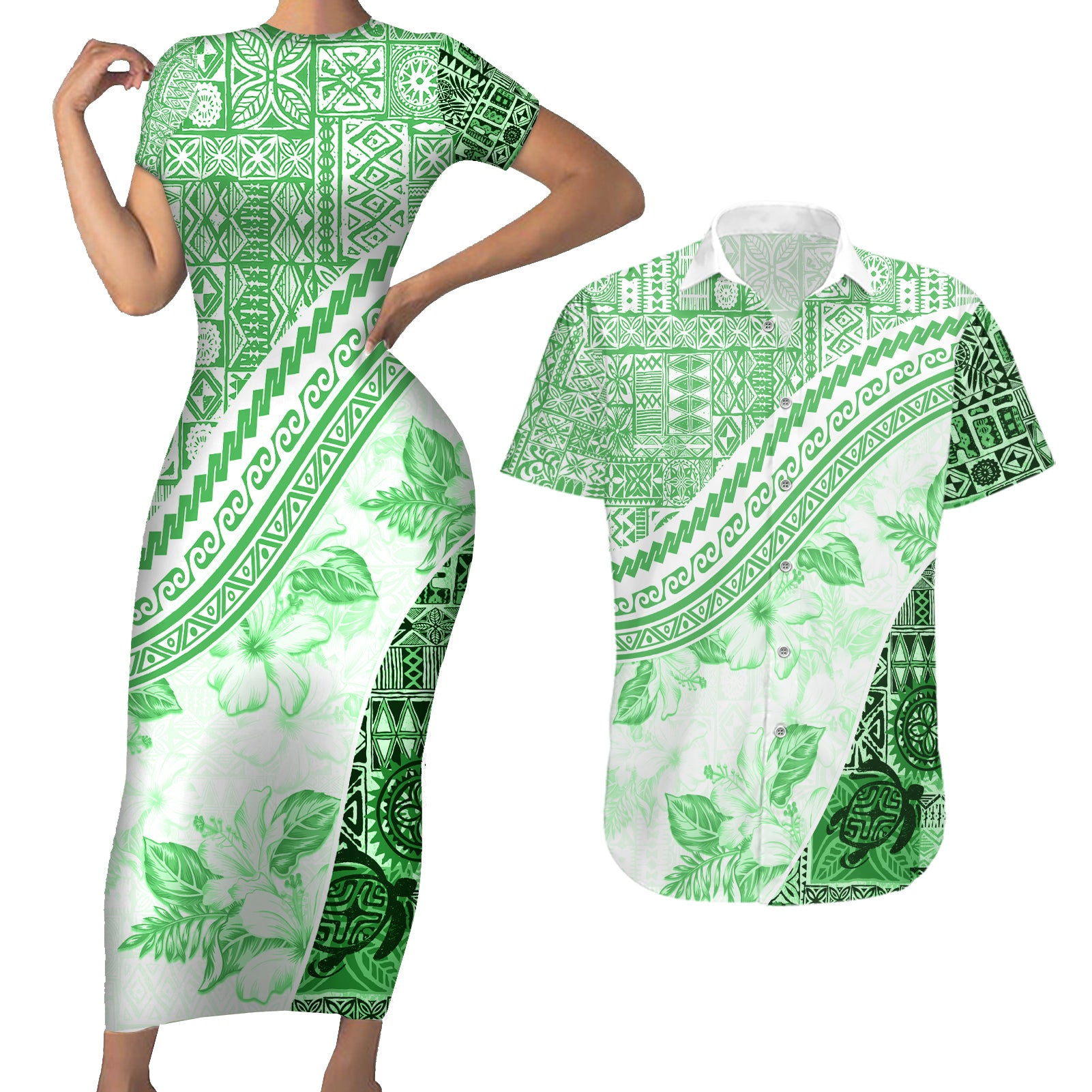 Hawaiian Tapa Couples Matching Short Sleeve Bodycon Dress and Hawaiian Shirt Traditional Vintage Pattern Green LT05 Green - Polynesian Pride