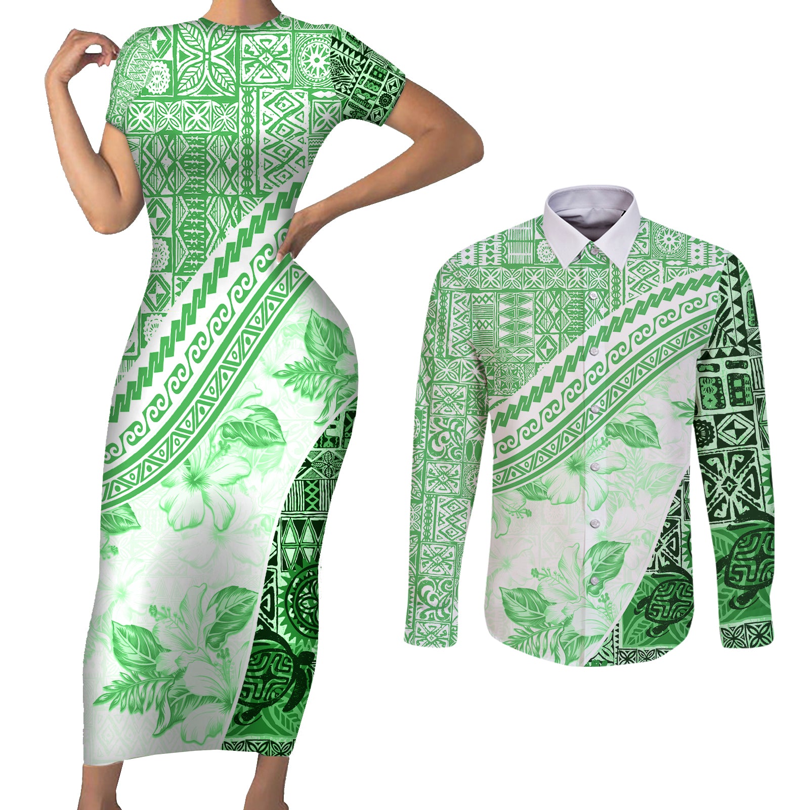 Hawaiian Tapa Couples Matching Short Sleeve Bodycon Dress and Long Sleeve Button Shirt Traditional Vintage Pattern Green LT05 Green - Polynesian Pride