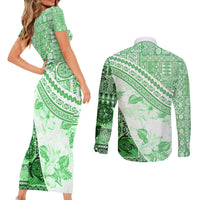 Hawaiian Tapa Couples Matching Short Sleeve Bodycon Dress and Long Sleeve Button Shirt Traditional Vintage Pattern Green LT05 - Polynesian Pride