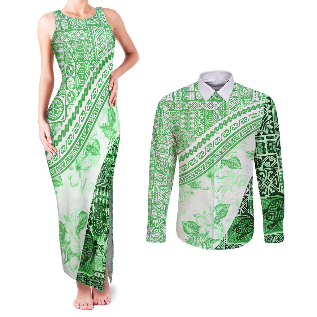 Hawaiian Tapa Couples Matching Tank Maxi Dress and Long Sleeve Button Shirt Traditional Vintage Pattern Green LT05 Green - Polynesian Pride