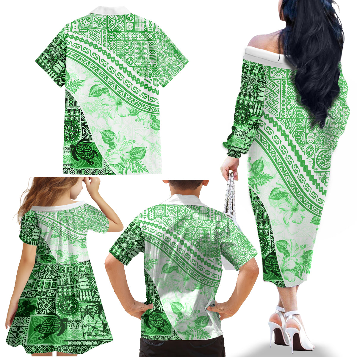 Hawaiian Tapa Family Matching Off Shoulder Long Sleeve Dress and Hawaiian Shirt Traditional Vintage Pattern Green LT05 - Polynesian Pride