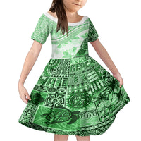 Hawaiian Tapa Family Matching Off Shoulder Short Dress and Hawaiian Shirt Traditional Vintage Pattern Green LT05 Daughter's Dress Green - Polynesian Pride