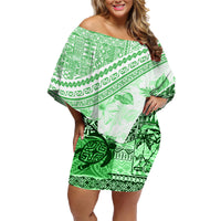 Hawaiian Tapa Family Matching Off Shoulder Short Dress and Hawaiian Shirt Traditional Vintage Pattern Green LT05 Mom's Dress Green - Polynesian Pride