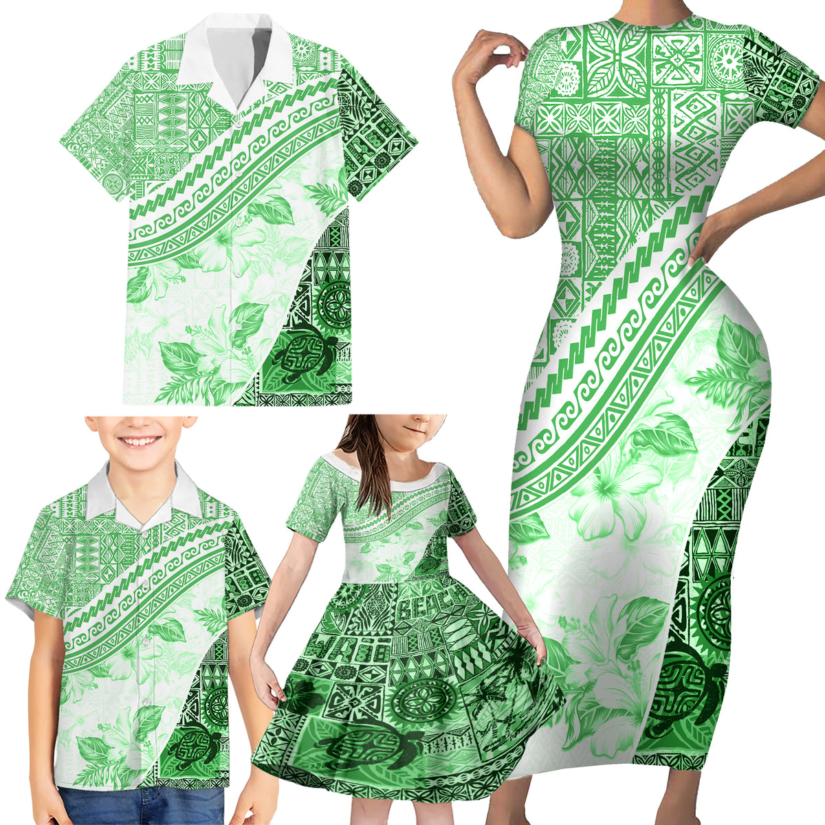 Hawaiian Tapa Family Matching Short Sleeve Bodycon Dress and Hawaiian Shirt Traditional Vintage Pattern Green LT05 - Polynesian Pride