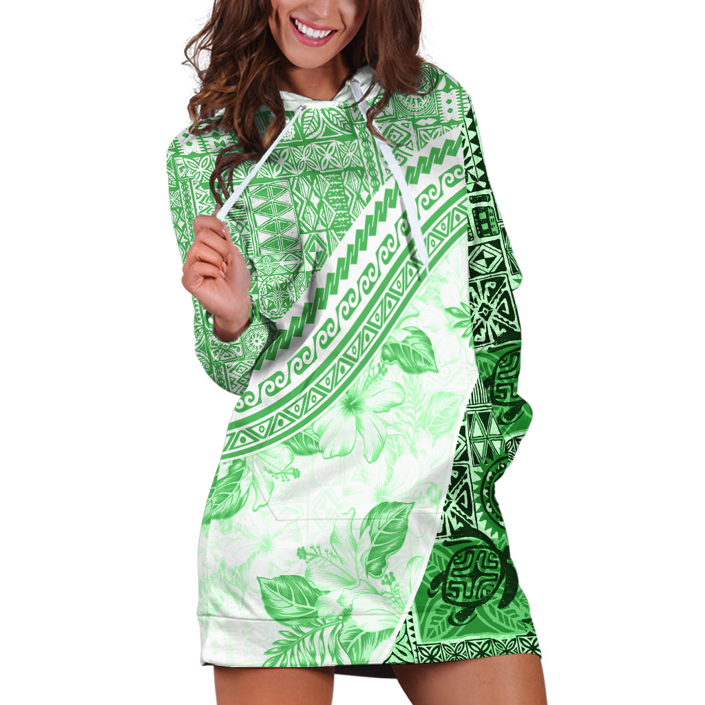 Hawaiian Tapa Hoodie Dress Traditional Vintage Pattern Green LT05 Green - Polynesian Pride