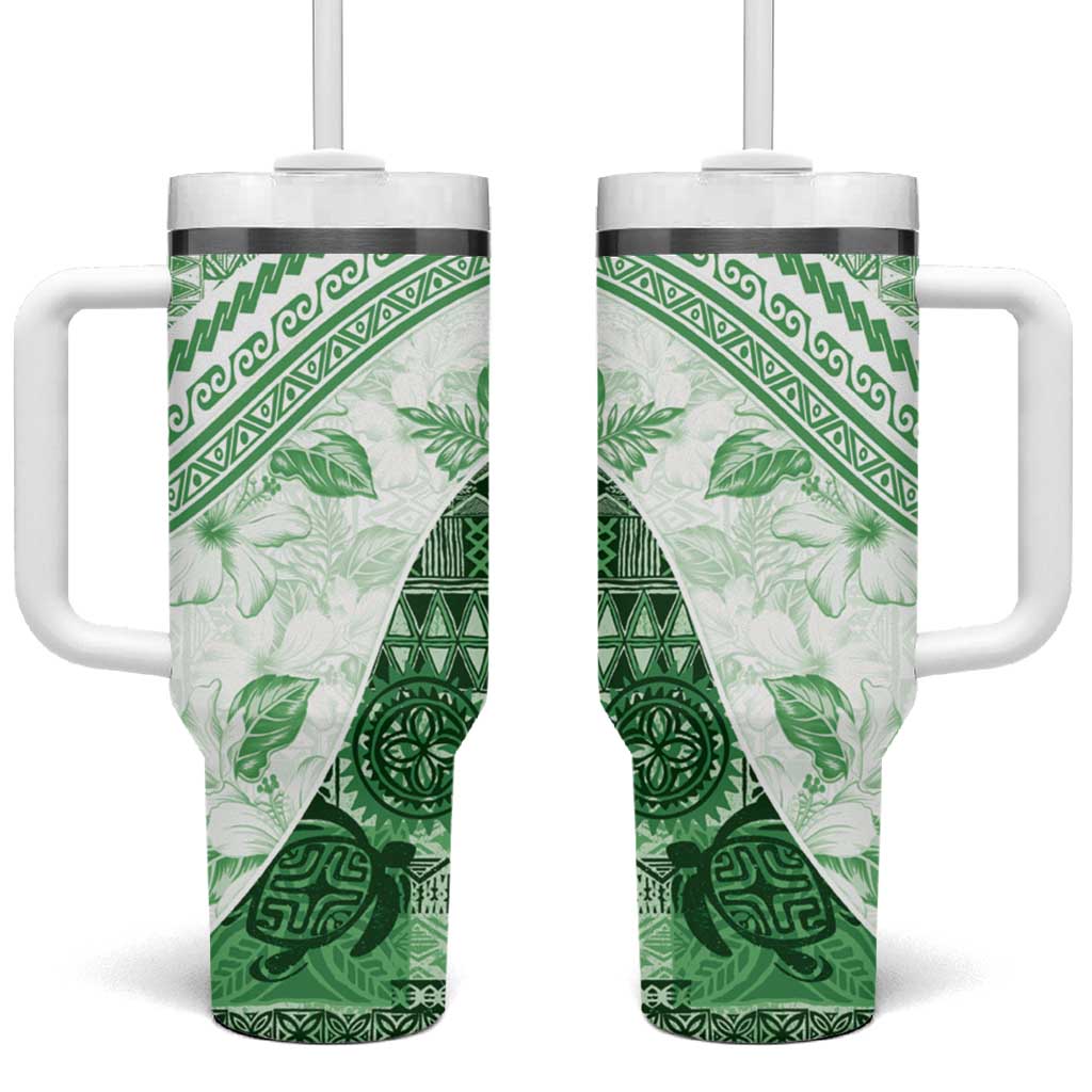 Hawaiian Tapa Tumbler With Handle Traditional Vintage Pattern Green