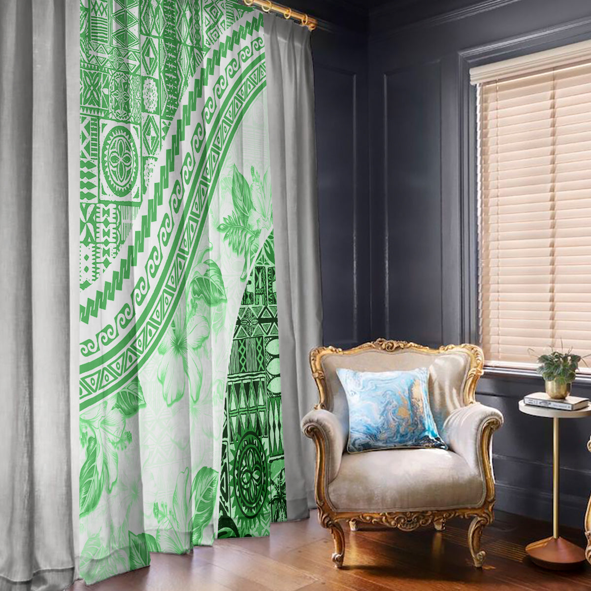 Hawaiian Tapa Window Curtain Traditional Vintage Pattern Green LT05 - Polynesian Pride