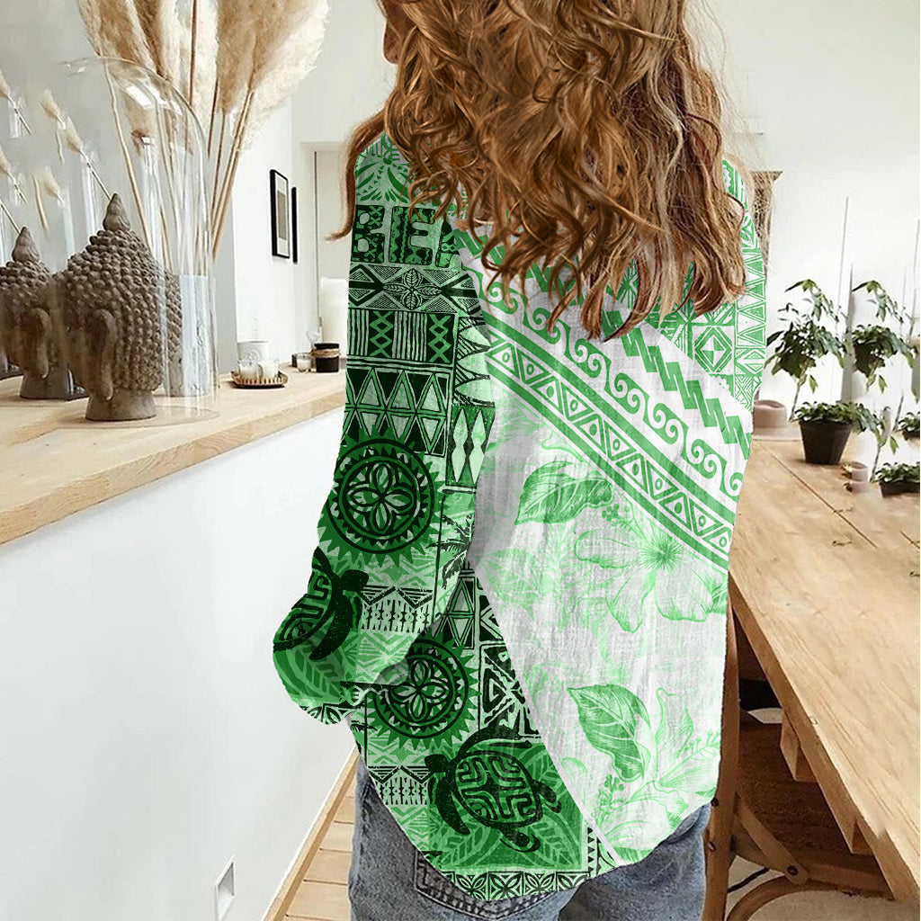 Hawaiian Tapa Women Casual Shirt Traditional Vintage Pattern Green LT05 - Polynesian Pride