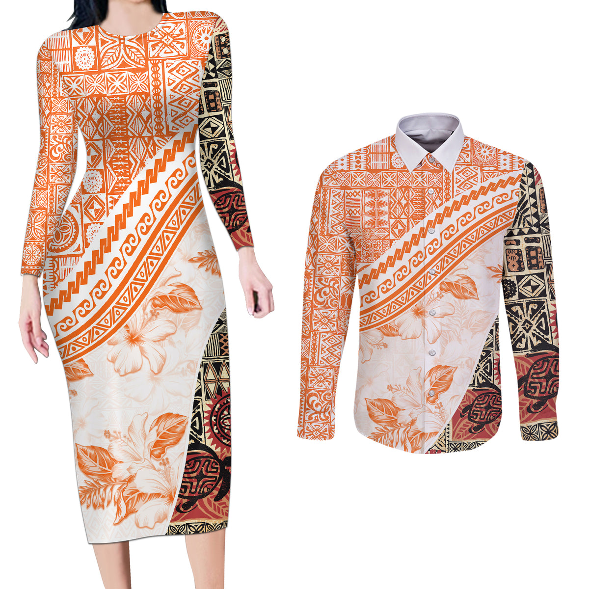 Hawaiian Tapa Couples Matching Long Sleeve Bodycon Dress and Long Sleeve Button Shirt Traditional Vintage Pattern Orange LT05 Orange - Polynesian Pride