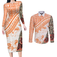 Hawaiian Tapa Couples Matching Long Sleeve Bodycon Dress and Long Sleeve Button Shirt Traditional Vintage Pattern Orange LT05 Orange - Polynesian Pride