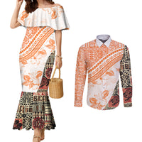 Hawaiian Tapa Couples Matching Mermaid Dress and Long Sleeve Button Shirt Traditional Vintage Pattern Orange LT05 Orange - Polynesian Pride
