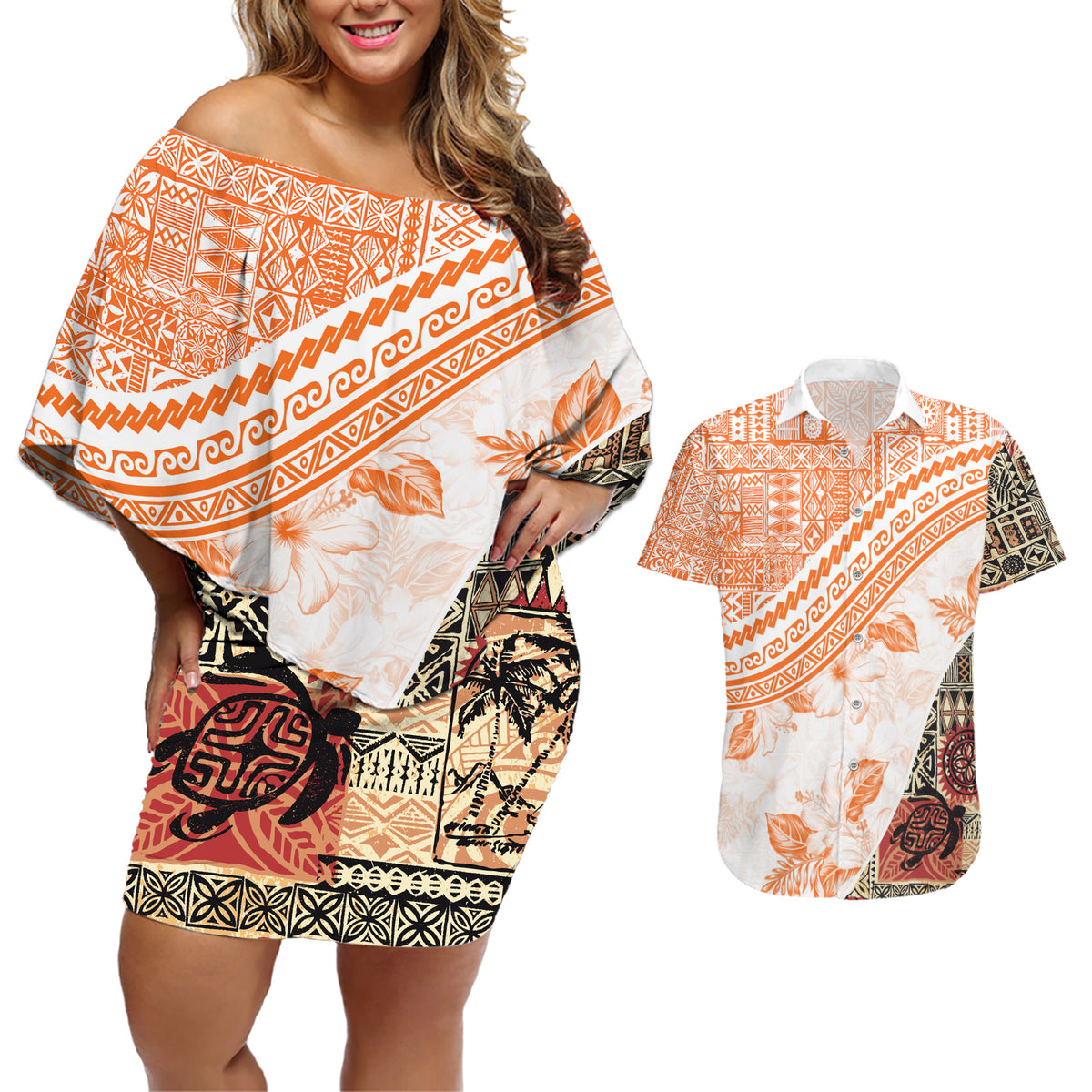 Hawaiian Tapa Couples Matching Off Shoulder Short Dress and Hawaiian Shirt Traditional Vintage Pattern Orange LT05 Orange - Polynesian Pride