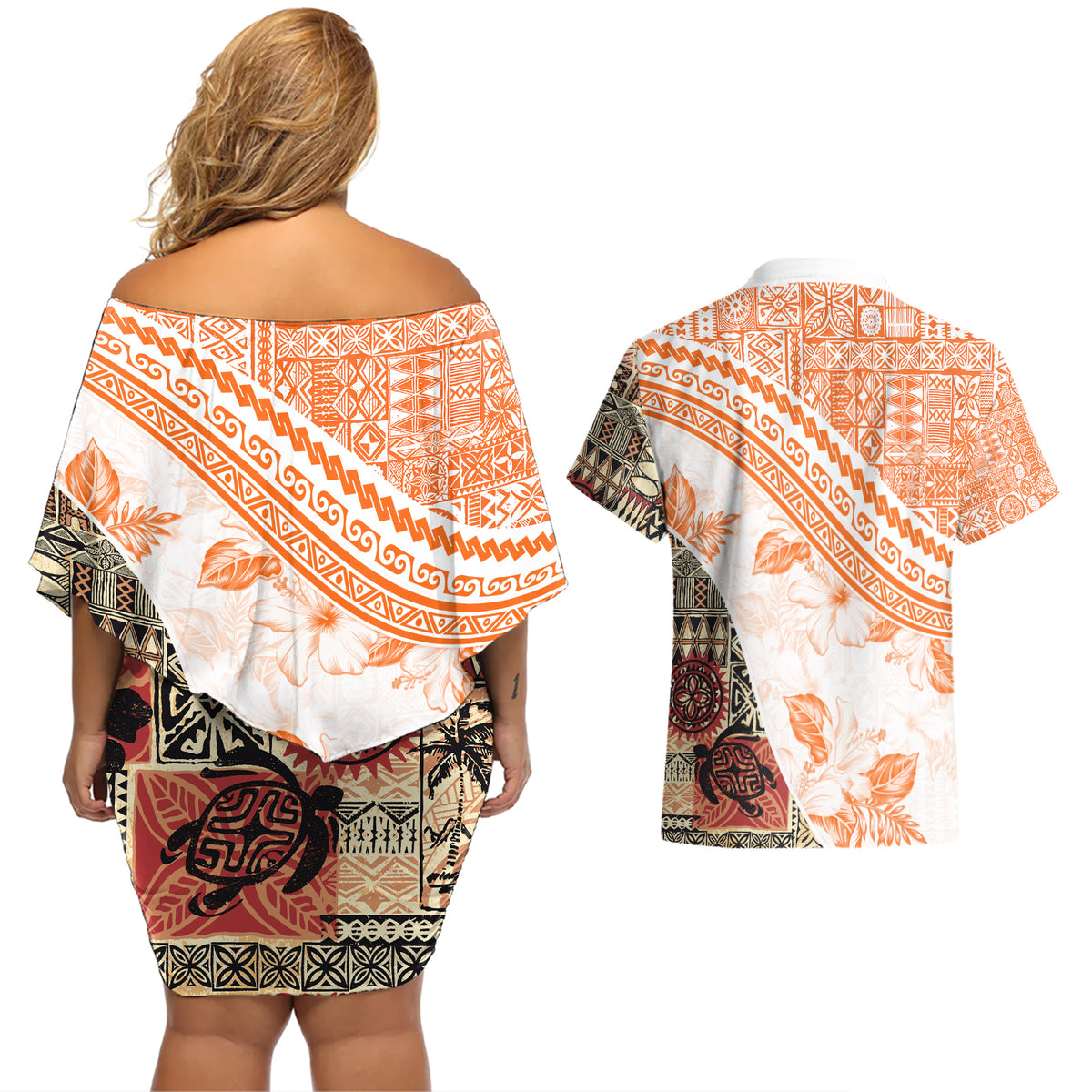 Hawaiian Tapa Couples Matching Off Shoulder Short Dress and Hawaiian Shirt Traditional Vintage Pattern Orange LT05 - Polynesian Pride