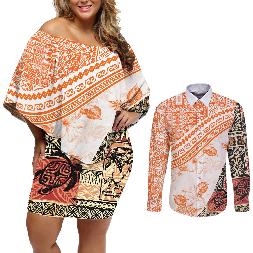 Hawaiian Tapa Couples Matching Off Shoulder Short Dress and Long Sleeve Button Shirt Traditional Vintage Pattern Orange LT05 Orange - Polynesian Pride