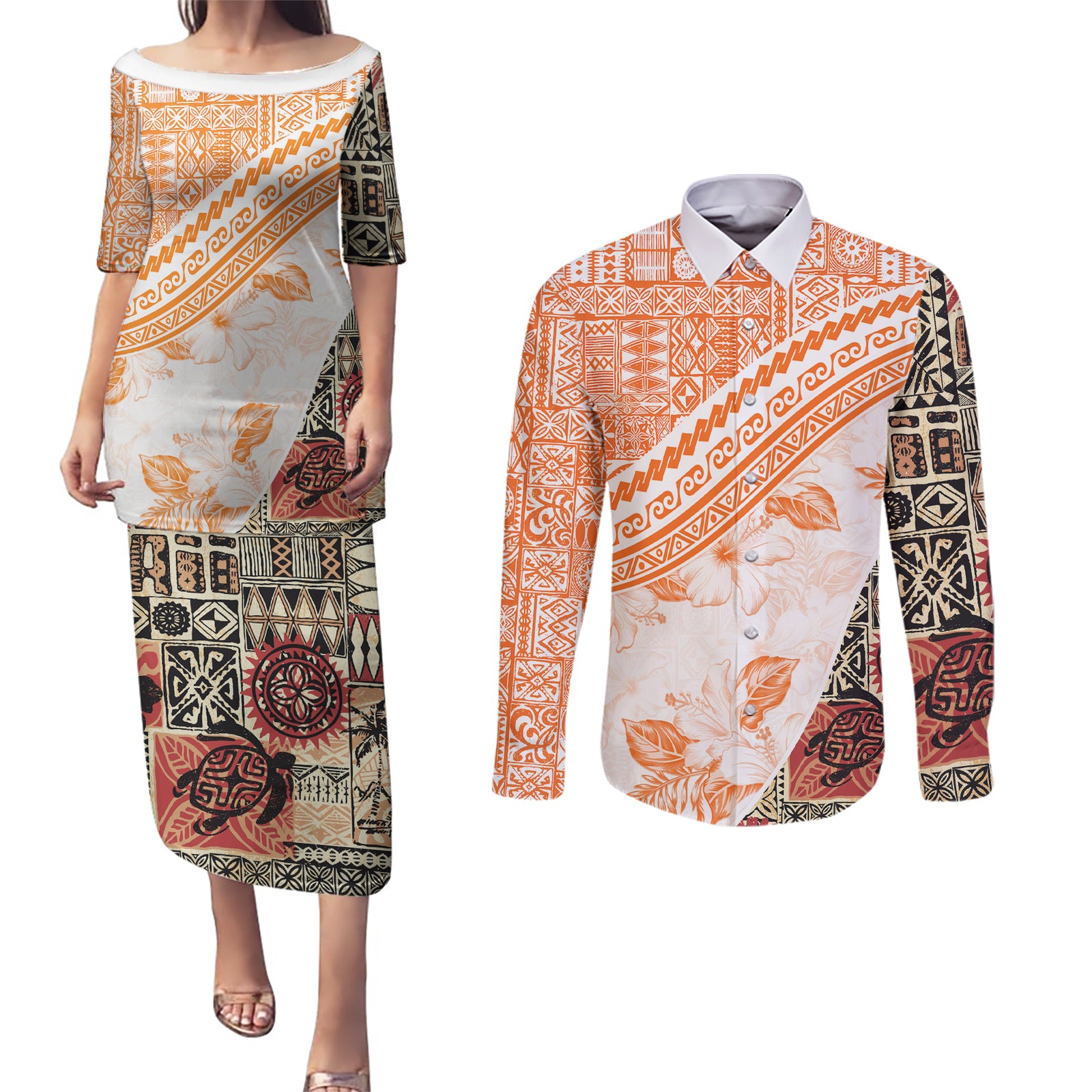 Hawaiian Tapa Couples Matching Puletasi Dress and Long Sleeve Button Shirt Traditional Vintage Pattern Orange LT05 Orange - Polynesian Pride