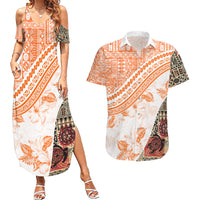 Hawaiian Tapa Couples Matching Summer Maxi Dress and Hawaiian Shirt Traditional Vintage Pattern Orange LT05 Orange - Polynesian Pride