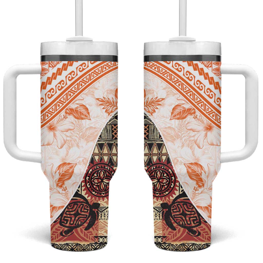 Hawaiian Tapa Tumbler With Handle Traditional Vintage Pattern Orange