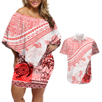 Hawaiian Tapa Couples Matching Off Shoulder Short Dress and Hawaiian Shirt Traditional Vintage Pattern Red LT05 Red - Polynesian Pride