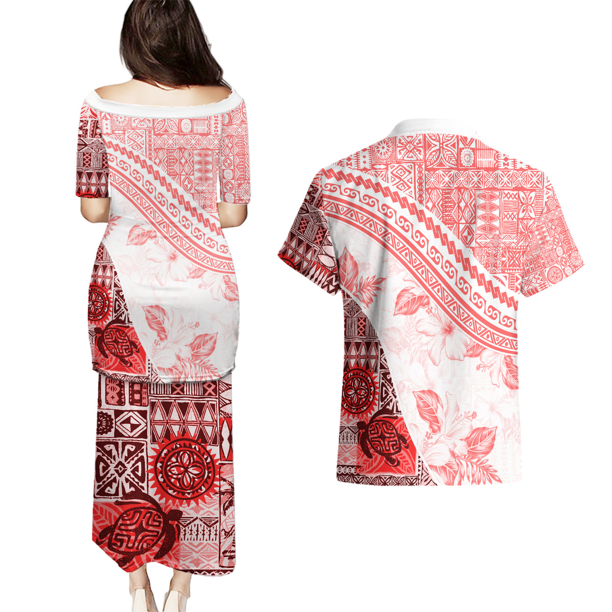 Hawaiian Tapa Couples Matching Puletasi Dress and Hawaiian Shirt Traditional Vintage Pattern Red LT05 - Polynesian Pride