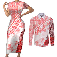 Hawaiian Tapa Couples Matching Short Sleeve Bodycon Dress and Long Sleeve Button Shirt Traditional Vintage Pattern Red LT05 Red - Polynesian Pride