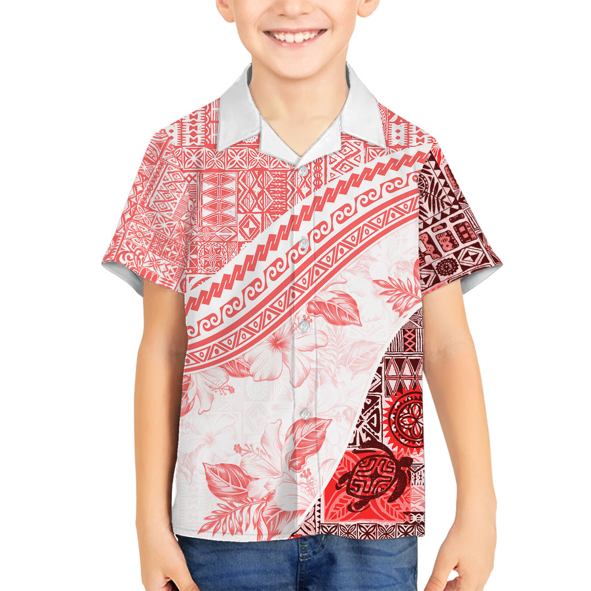 Hawaiian Tapa Family Matching Off Shoulder Maxi Dress and Hawaiian Shirt Traditional Vintage Pattern Red LT05 Son's Shirt Red - Polynesian Pride