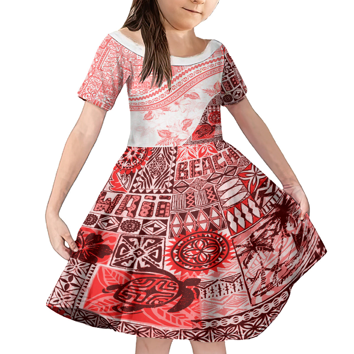 Hawaiian Tapa Family Matching Puletasi Dress and Hawaiian Shirt Traditional Vintage Pattern Red LT05 Daughter's Dress Red - Polynesian Pride